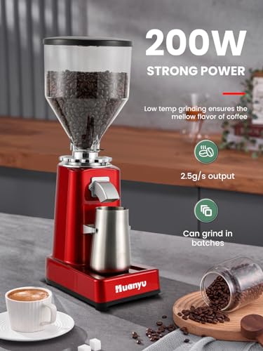 Image of Huanyu 60mm Flat Burr Coffee Grinder, Lockable Dial & Dual Dosing, Red