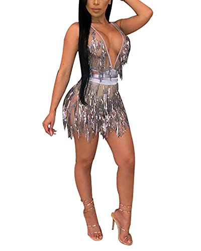 Women s Sexy V Neck Sparkly Glitter Sequin Tassels See Through Sleeveless Backless Bodycon Club Party Night Mini Dresses (A182-Silver Grey,L)