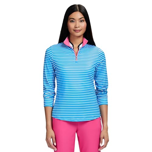 イトハン IZOD Women's Zabrina Striped Zip Pull Over, Azure Blue, Small at