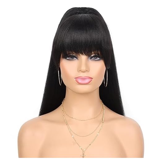 G&T Yaki Drawstring Ponytail with Bangs - Long Yaki Straight Ponytail Extension for Black Women Synthetic Hairpiece Clip in Ponytails Extension for Daily Party Use (1B, 24 inch)