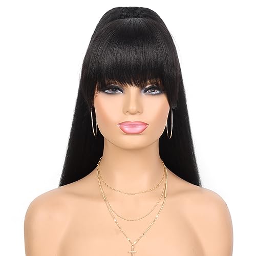 G&T Wig Yaki Drawstring Ponytail Extension with Bangs - Long Yaki Straight Clip in Ponytails Extension for Black Women Synthetic Hairpiece for Daily Party Use (1B 24 inch)