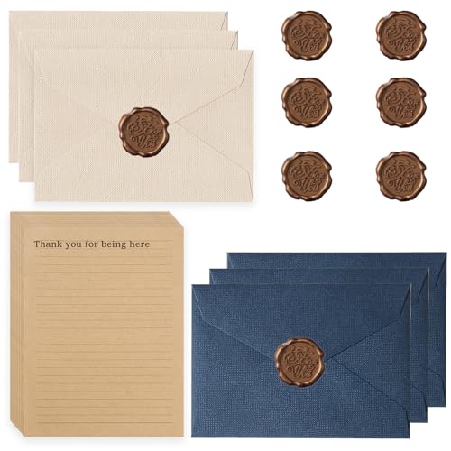 22 Unidades de Papel De Carta Vintage, Juego Con 6 Sobres de Lino Y Sellos de Cera, 10 A5, Papel De Carta Vintage, Sobres de Estraza Para CumpleañOs, Invitaciones de Boda, Tarjetas de Azul