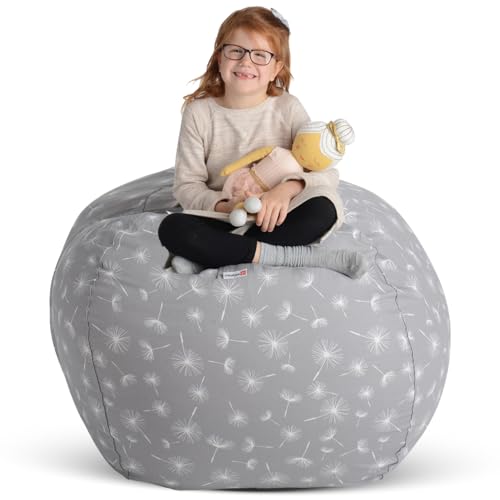 Creative QT Stuff ’n Sit Extra große 38-Zoll-Sitzsack-Aufbewahrungshülle für Kuscheltiere und Spielzeug – Grauer Löwenzahn-Druck