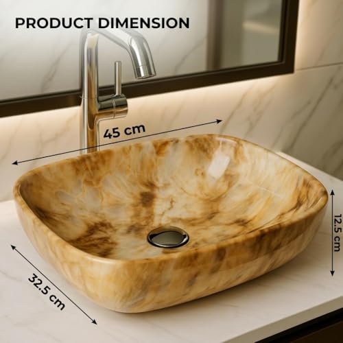 Image of Ceramic Tabletop Wash Basin - Glossy Rectangular Countertop Vessel Sink with Marble Finish for Bathroom & Vanity | Compact 18 x 13 x 5 Inch | Elegant Washbasin