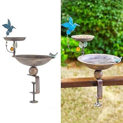 CaliDecor Deck Mounted Bird Bath and Feeder, 2-in-1 Balcony Metal Birdbaths for Deck Railing Outdoors, Adjustable Heavy Duty Clamp for Garden Decor Yard Lawn