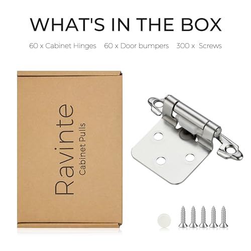 Image of Ravinte 60 Pack (30 Pairs) 1 /2 inch Overlay Cabinet Hinges, Self-Closing Semi-Concealed Face Mount, Polished Chrome Decorative Hardware with Door Bumpers for Kitchen & Cupboard Doors, Silver