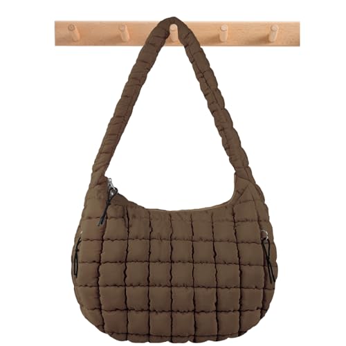 Bolsa de ombro acolchoada grande com zíper, bolsa Hobo Bolha de Nylon Bolsa de mão acolchoada grande para mulheres, Marrom