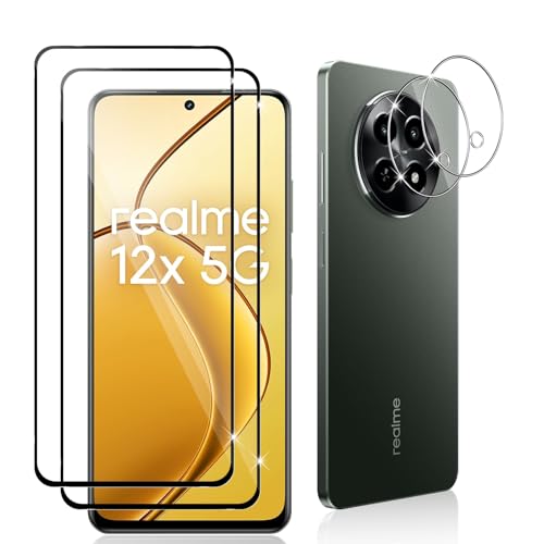 Datree 2 Piezas Protector de Pantalla para Realme 12 5G/Realme 12x 5G, con 2 Piezas Protector de Lente de Cámara,Dureza 9H Sin Burbujas, Alta Definicion,Anti-Arañazos Cristal Templado