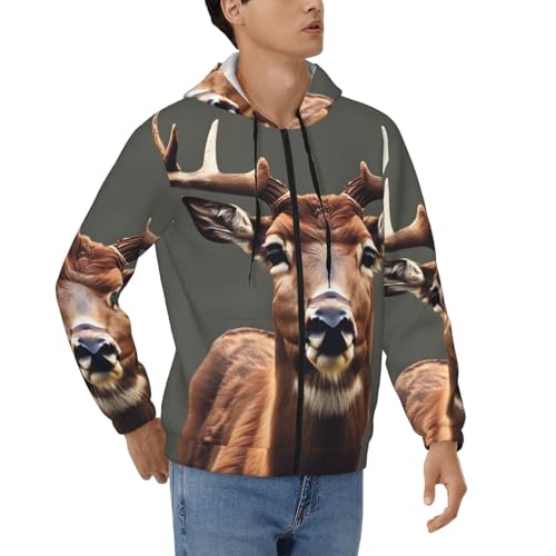 Sweat à capuche zippé pour homme avec motif cerf et cordon de serrage confortable