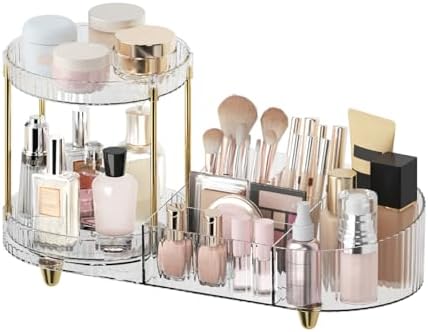 Makeup Organizer Countertop for Vanity, Rotating Perfume Tray with 5-compartment Cosmetic and Skincare Organizers, Multi-Purpose Desk Storage Makeup Brush Holder for Bathroom Bedroom Counter