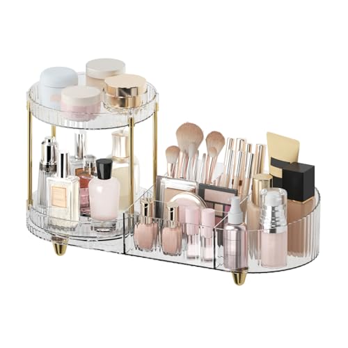 Jywantful 360 Rotating Makeup Organizer for Vanity, 2 Perfume Trays with 5 Compartments Cosmetic & Skincare Storage, Multi-Purpose Countertop Organizers for Bathroom, Desk, Pantry, Space-Saving Beauty Organizer