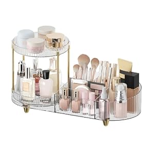 Makeup Organizer Countertop for Vanity, Rotating Perfume Tray with 5-compartment Cosmetic and Skincare Organizers, Multi-Purpose Desk Storage Makeup Brush Holder for Bathroom Bedroom Counter