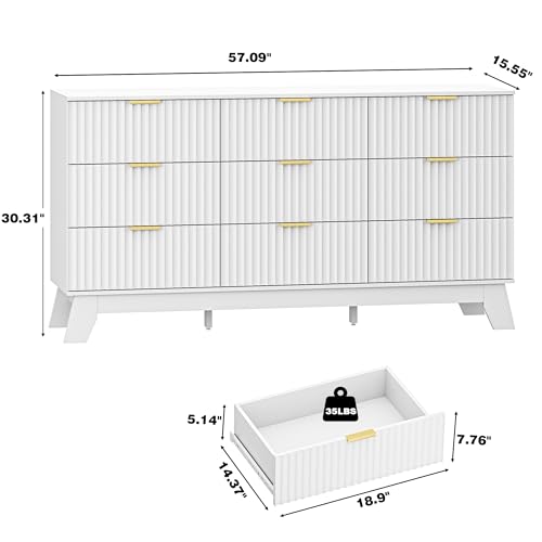 Image of Fluted Dresser for Bedroom with 9 Drawers, 57 inch White Dressers & Chest of Drawers, Mid Century Modern Dressers TV Stand, Boho Wood Dresser for Closet Wide Storage Organizer for Living Room, Hallway