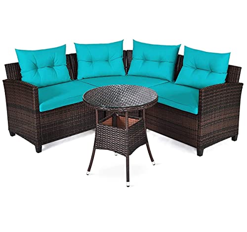 HAPPYGRILL 4 Pieces Patio Furniture Set Outdoor Rattan Wicker Conversation Set with Cushioned Sofas and Coffee Table, L-Shape Sectional Curved Sofa Set for Garden Poolside Balcony