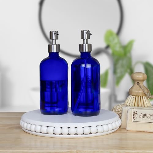 Cornucopia Brands 16-Ounce Cobalt Blue Glass Bottles w/Stainless Steel Pumps (2-Pack), Soap Dispenser w/Lotion Pumps for Essential Oils, Lotions, Liquid Soap2