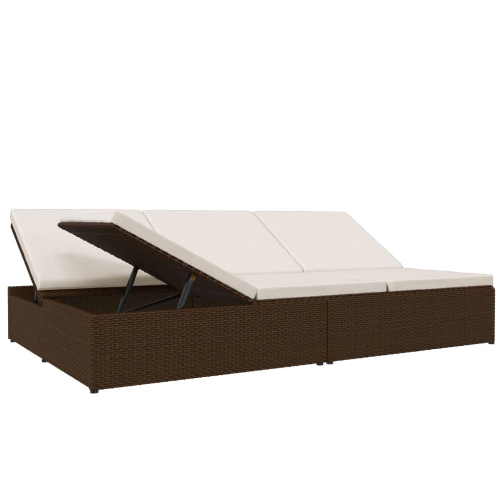 Leżak do opalania z poduszkami, polirattan, brązowy, 200 x 121 cm, łóżko ogrodowe i sofa, regulowany, z poduszkami, odporny na warunki atmosferyczne, na taras, balkon, basen, do wypoczynku