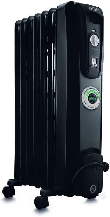 De'Longhi Oil filled Radiator Heater, 1500W Electric Space Heater for indoor use, portable room heater, Energy Saving, full room like office and bedroom with safety features, EW7707CB Manual Oil Filled Radiator Black