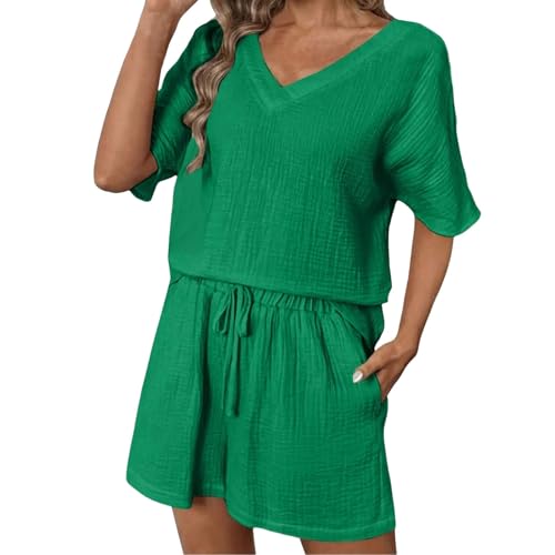 Ensemble short col V femmes tenue vacances été avec chemise à poche légère