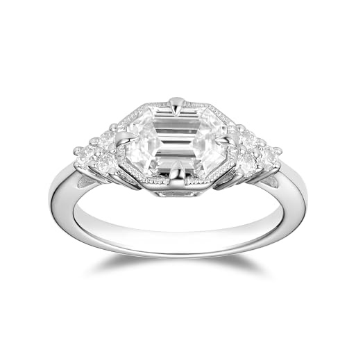 DovEggs Emerald Cut Moissanite Engagement Ring for Women 2ct (6x8mm) FGH/Light Blue Moissanite, 14K Gold Quality Sterling Silver Wedding Ring Anniversary Band