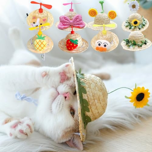 Selena Straw Hat for Cat Puppy Dog Cute Mini Bow Strawberry Sunflower Bamboo Dragonfly Hat Pet Costume Apparel (Small,Chick)