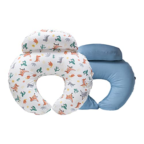 Image of Famelof Nursing Pillow for Breastfeeding, with Two Removable Cotton Covers,Plus Size Ergonomic Breastfeeding Pillows for Mom,Bottle Feeding,Machine Washable,White & Blue