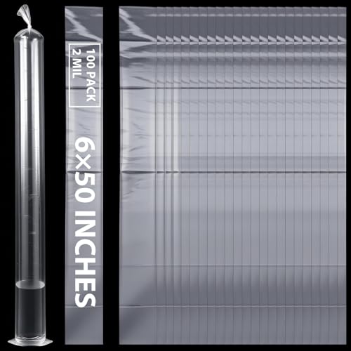 100-Pack Plastic Poster Sleeves 6x50 Inch Long Plastic Bags & Poster Bags 2 Mil Clear Flat Open Blueprint Tube for Large Narrow Items Storage Waterproof