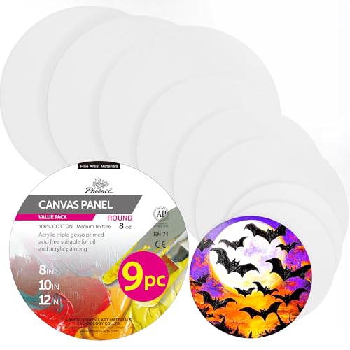 PHOENIX Round Canvas Painting Boards - 8 10 12 Inch/ 3 Pack Each - 9 PK Circle Canvas Boards for Painting - 100% Cotton Flat Triple Primed Blank Canvas for Oil, Acrylic Painting & Crafts