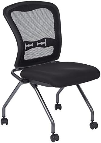 Office Star Deluxe Breathable ProGrid Back Armless Folding Chair 2-Pack with Rolling Casters and Titanium Finish Frame, Coal FreeFlex