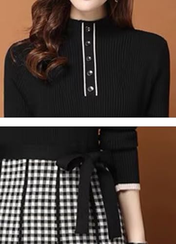Image of LAI MENG FIVE CATS Women's Elegant Long Sleeve Sweater Plaid Knit Pullover Fall Midi Dress