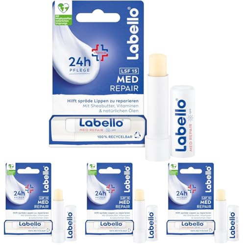 Labello Med Repair Lippenpflegestift, mineralölfreie Lippenpflege mit LSF 15 und Vitamin E für spröde Lippen, Lippenbalsam mit Sheabutter und natürlichen Ölen (4,8 g) (Packung mit 4)