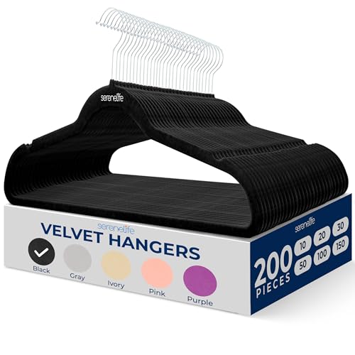 SereneLife 200 Pack Velvet Hangers - Non-Slip Felt Hangers with 360° Swivel Hook, Space-Saving, Ultra-Thin, Lightweight for Shirts, Sweaters, Hoodies, Kids Clothes & Dresses