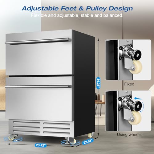 Image of 24 Inch Dual Drawer Fridge Under Counter, Stainless Steel Weather-Proof Design Outdoor Beverage Refrigerator for Patio, Freestanding or Built-In Installation, Ideal for Home and Commercial Use