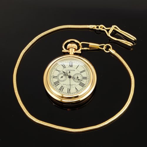Tiong Stainless Steel London Mechanical Pocket Watch Copper Steampunk Roman Numerals Men's Pocket Watches with Chain for Men