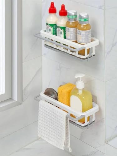 Image of Adjustable Two-Tone Hanging Drain Rack - Retractable Plastic Sink Storage Tray & Drying Basket - Space-Saving Sponge Holder for Kitchen & Bathroom Use - Multicolour (1 Pc)