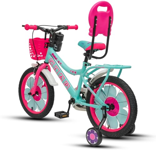 Image of Petal 16T Kids Bicycle with Training Wheels | Backrest, Basket & Full Chain Cover | Ideal for Girls Aged 5-7 Years (Sea Green-Pink, 16T)