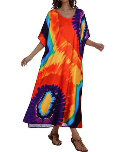 Image of Kaftan Dresses for Women V Neck Caftan Batwing Sleeve Swimsuit Cover Up | JILUVIN Plus Size Beach Swimwear Dress, Loose Fit Maxi Print Moomoo, Casual Mumu Nightgown Mrs Roper Costumes Vocation 2026