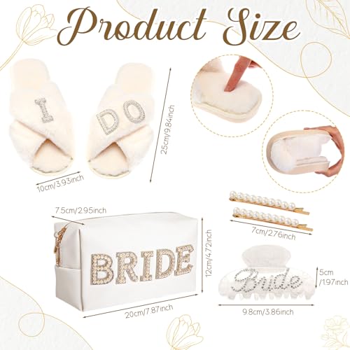 5 Pcs Bridal Gift Set Bride Makeup Bag I Do Bride Slippers Claw Hair Clip and Hairpins Accessories Wedding Engagement Gift Shower for Bridal Engagement Bachelorette Party2