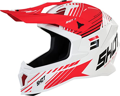 SHOT RACE GEAR Casque Motocross Lite White Red Glossy – Ultra Léger 1100g – Coque Tri-Composite – Ventilation Optimisée – Intérieur Lavable...