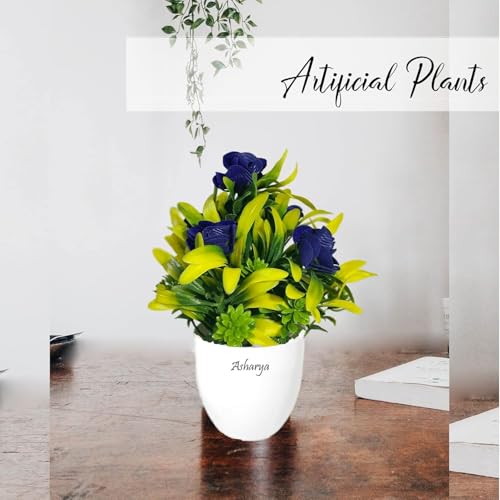 Image of Artificial Flower Plants for Home Decor - Set of 2 Mini Potted Plants (7 Inch) in White Pots | Yellow & Blue Faux Flowers for Living Room, Office, Indoor Outdoor Decoration