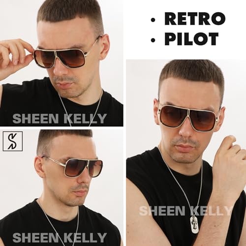 SHEEN KELLY Oversized Retro Chain 80s Vintage Pilot Sunglasses Men Classic Cowboy Eyewear Gradient Clear Lens
