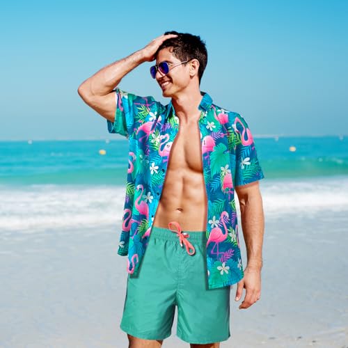 Nidoul Men's Hawaiian Shirts Flamingo Floral Button Down Tropical Holiday Beach Shirts Short Sleeve Casual Vacation2