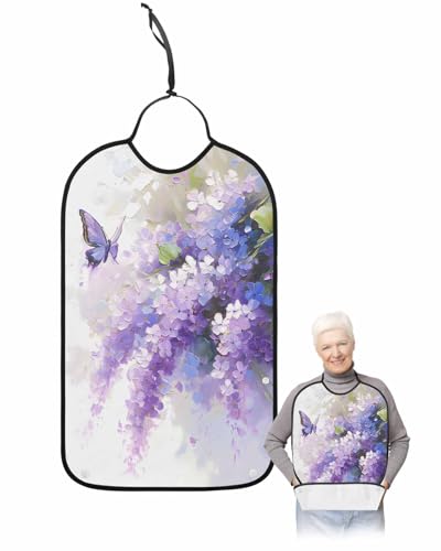 Onekaccu Purple Lavender Butterfly Adult Bibs for Elderly Women Men Washable Bibs for Eating, Contemporary Pastoral Oil Painting Waterproof Clothing Protectors Adult Bibs with Crumb Catcher