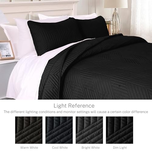 Exclusivo Mezcla Ultrasonic King Quilt Bedding Set, Lightweight Black Bedspreads Soft Modern Geometric Coverlet Set for All Seasons (1 Quilt and 2 Pillow Shams)
