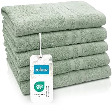 ZOLLNER 5er Set Duschtücher in 70x140 cm - Flauschige Badehandtücher aus Baumwolle - mit moderner Streifenbordüre - bis 60°C waschbar - mit praktischem Aufhänger - in Salbei - Hote