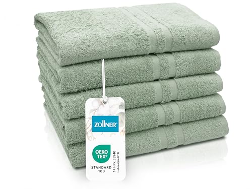 ZOLLNER 5er Set Duschtücher in 70x140 cm - Flauschige Badehandtücher aus Baumwolle - mit moderner Streifenbordüre - bis 60C waschbar - mit praktischem Aufhänger - in Salbei - Hotelqualität