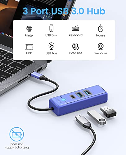 Image of ORICO USB C Hub 3 Ports USB 3.1 Type C to USB 3.0 Hub Adapter with 2 USB A, 1 Type C for Laptop, Mobile Phone, Tablet with 0.5ft Cable, Compatible with Mac OS 10.X and Above, Linux, Android-Blue