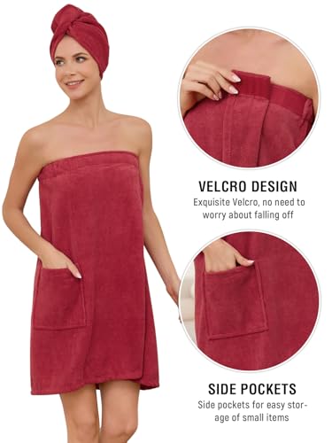 Image of Air Curvey Soft Wrap Towel for Women Lightweight Spa Body Wrap Shower Wrap Robe Adjustable Closure Bathrobe with Pocket Wine Red S /M