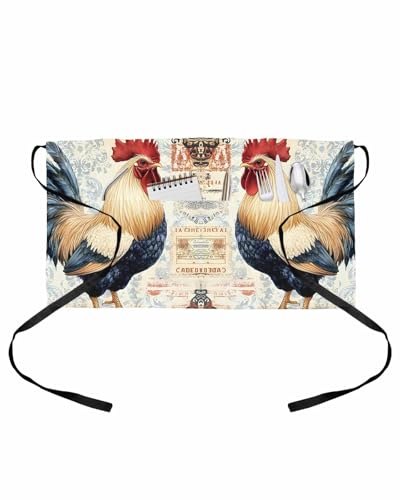 PIEPLE Retro Rooster Server Apron Waitress Aprons with 3 Pockets, Watercolor Pastoral Animals Botanical Half Waist Waiter Aprons Restaurant Chef Aprons for Women Men