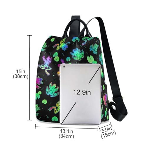 Image of Fustylead Neon Color Frogs and Water Lily Leaves Women Backpack Purse Anti-theft Lightweight Shoulder Bag