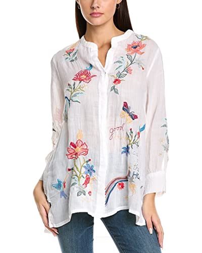 Johnny Was 3J Workshop Women's L/S Contrast Embroidered Tunic, White, X-Large #TOP8